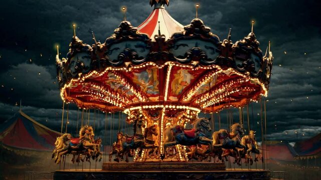 A dramatic, low-angle video shot of a vintage carousel at night, illuminated against a stormy sky, evoking a mysterious, nostalgic atmosphere. Live desktop wallpaper.