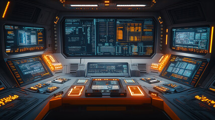 Futuristic industrial manufacturing plant at night with robotic arms and control panels