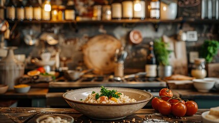Cozy farm to table restaurant showcasing a gourmet risotto dish surrounded by fresh ingredients in a rustic wooden kitchen