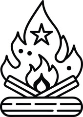 Line art bonfire with stylized logs and USA colors