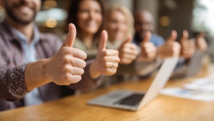 Thumbs up diverse team with laptop