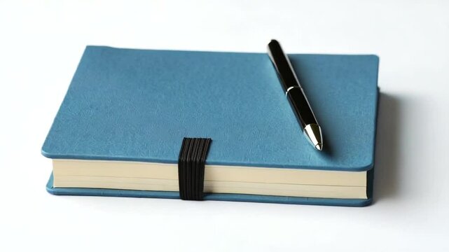 Blue notebook with pen on white surface, ready for notes