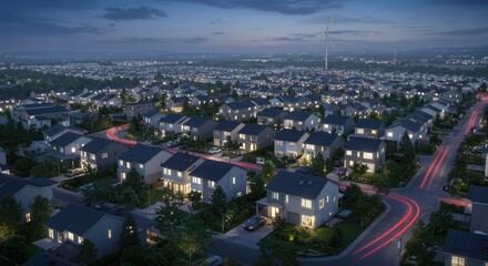 Suburban utopia aglow under twilight windmills loom