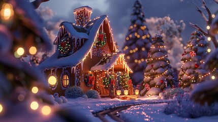 Cozy holiday scene with a gingerbread house decorated with icing and candy surrounded by Christmas lights
