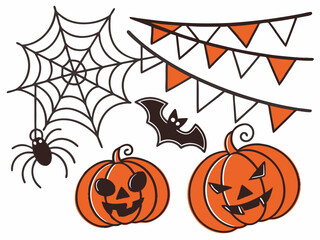 Halloween decoration collection with spooky cute elements. Ghost, bat, pumpkin, candy, cat, skull, coffin, grave, and spider vector icons for seasonal celebration design.

