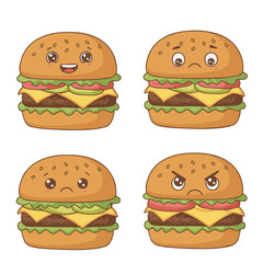 Cartoon cheeseburgers with expressive faces showing emotions like happy, sad, upset, and angry, with lettuce, tomato, and cheese layers.