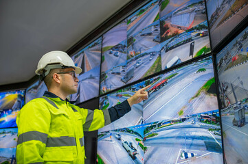 Electrical engineer is examining the main roads and finding the blind spots of the CCTV cameras so...