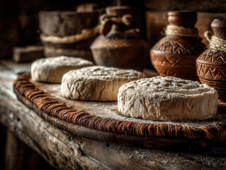 Obraz premium Rustic scene of Wensleydale cheese wheels or blocks on a wooden cheese board