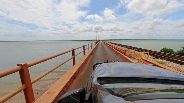 Mission river bridge, Weipa Queensland, Australia, panorama banner, remote access to Indigenous Aboriginal community of Mapoon
