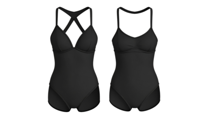 Black sports swimsuit template 3D rendering, set of fashion bodyless monokini, isolated on transparent or white background