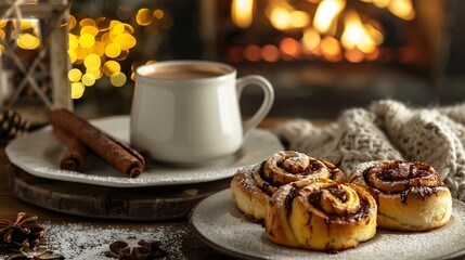 Cozy winter breakfast scene with hot chocolate cinnamon rolls and a roaring fireplace in the background