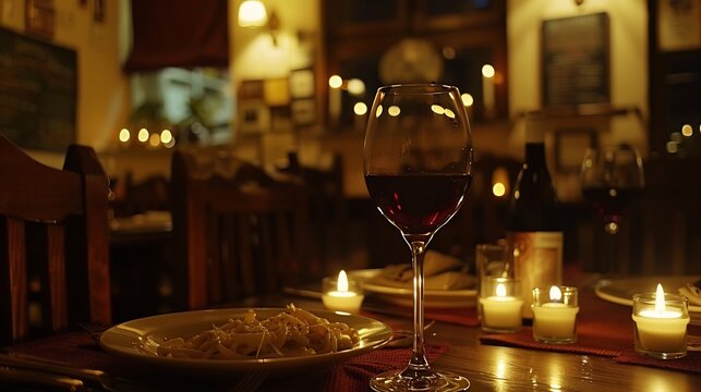 Cozy trattoria with a plate of fettuccine alfredo red wine and flickering candles enhancing the elegant ambiance