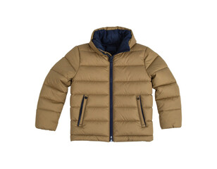 Childrens winter jacket. Stylish childrens yellow warm down jacket isolated on transparent or white background