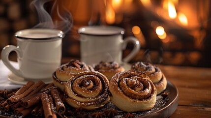 Cozy winter breakfast scene with hot chocolate cinnamon rolls and a roaring fireplace in the background