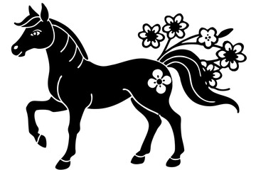 Fototapeta premium Black horse silhouette with floral embellishments on a transparent background