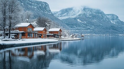 Fototapeta premium Austria, Hallstatt, winter, snow, mountains, wooden houses, lake, sharp focus, serene 