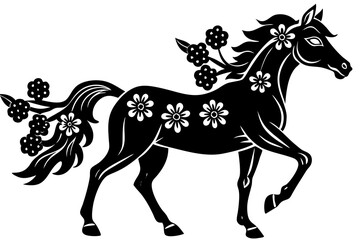 Elegant black horse illustration adorned with floral embellishments on a pristine white background
