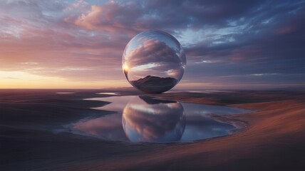 Ethereal Reflective Sphere Mirroring a Tranquil Sunset Landscape