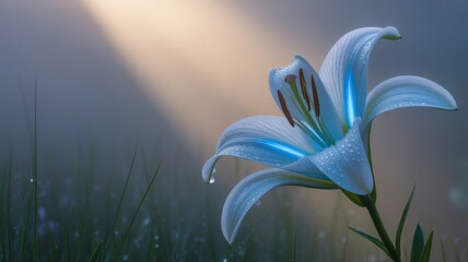 Ethereal White Lily Glistening with Dewdrops and Illuminated by Soft Morning Sunlight
