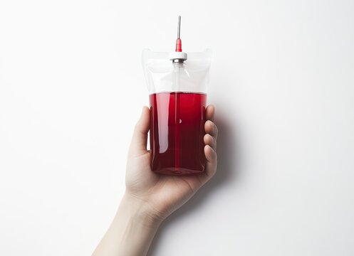 A top view of a hand holding an IV bag filled with a red liquid on a white background, conceptualized as drinking red wine. A full-body shot, high-resolution photography, professional color grading, 