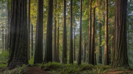 Ethereal Light Illuminates Colossal Trees in a Verdant Primeval Forest