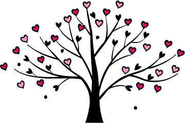 Obraz premium Heart tree illustration with a black trunk and pink hearts on branches for love