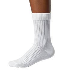 Mockup of white long socks on women's foot, with stretched toes, diagonal legs up presentation isolated on transparent or white background