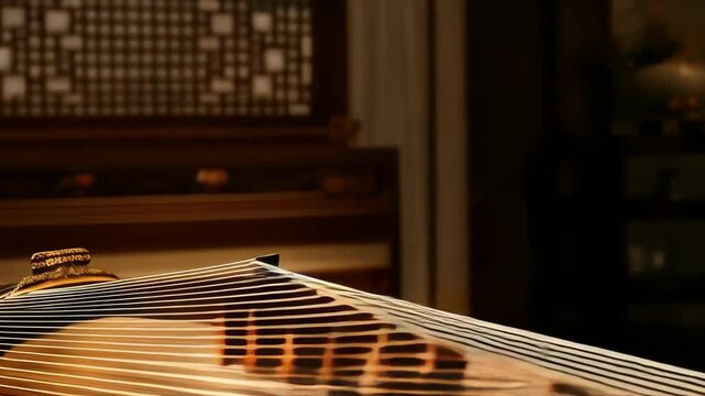 Close-up view of traditional Chinese zither instrument, showcasing its strings, bridge, and decorative wood design in dim lighting.