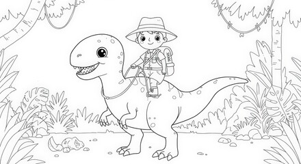 Obraz premium Boy Riding Dinosaur in Jungle: Coloring Page Adventure