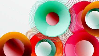 Abstract circles overlap, creating vibrant geometric patterns. Red, green, orange, pink hues dominate composition. Modern design elements present.