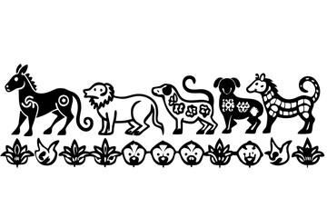 Stylized black and white animal border with floral elements on transparent background