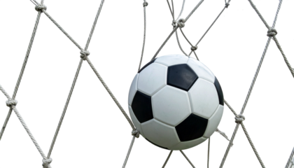 Soccer in the goal net isolated on transparent or white background