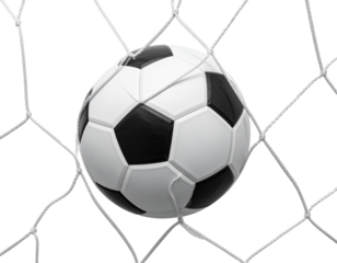 Soccer in the goal net isolated on transparent or white background