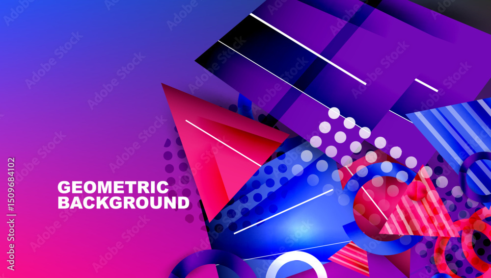 Poster abstract geometric background. vibrant purple, blue hues dominate design. shapes overlap creating dy