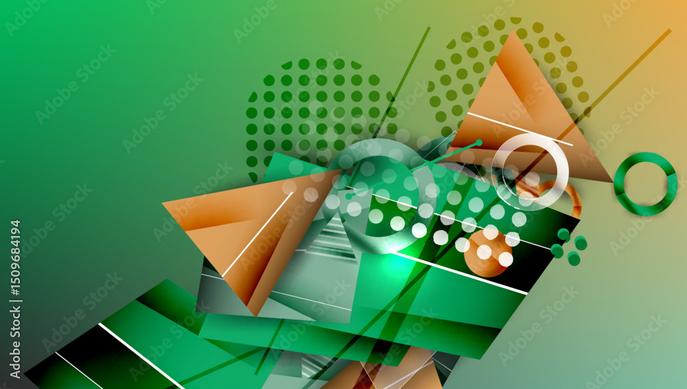 Poster abstract geometric composition. green, orange hues dominate design. shapes overlap, creating dynamic