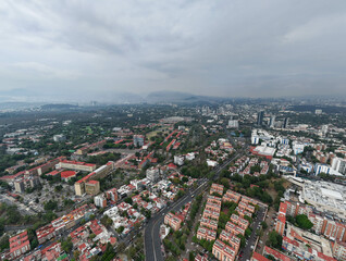 Coyoacan's colorful neighborhoods captured in drone panorama, CDMX