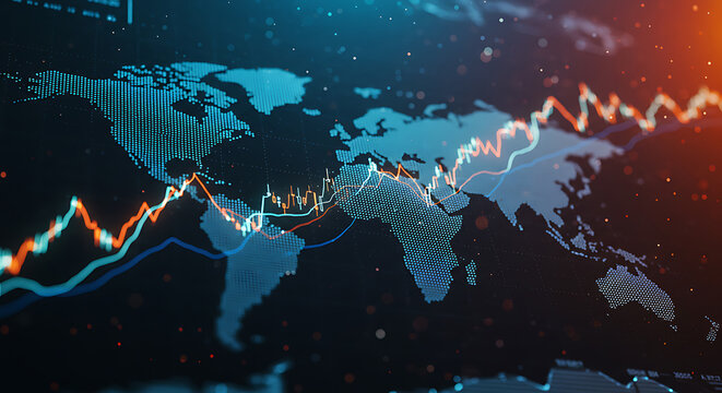 World Map with Digital Financial Data Charts - Global Business Stock Market Analysis Background