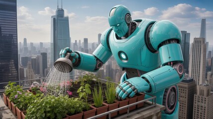 Futuristic Urban Oasis: Benevolent Cyan Robot Tends Rooftop Flora Amidst City Towers