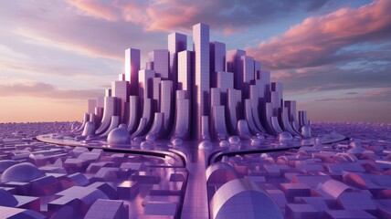 Gleaming Amethyst Metropolis: A Surreal Vision of Future Urban Splendor at Dusk
