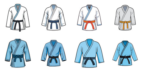 Multiple vector illustrations Judo and Karate uniforms, outlines