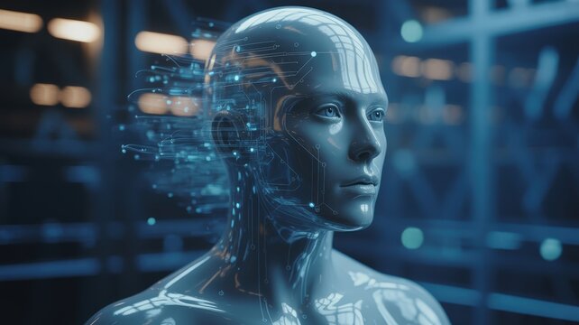 Glistening Android Contemplating Future with Intricate Digital Neural Pathways Displayed