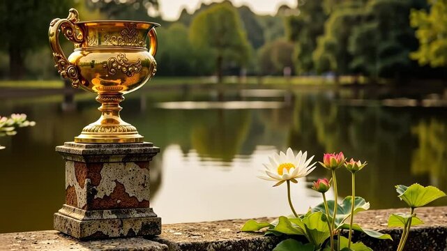 Golden trophy displayed near blooming flowers by peaceful lake  
