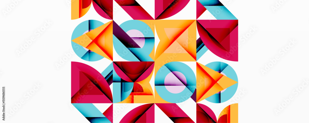 Poster Abstract geometric shapes overlap, creating vibrant colorful pattern. Triangles, circles, squares dominate composition. Modern design.
