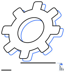 Mechanical gear with bold outline, overlapping lines suggesting motion. Small figure examines upward trend on a chart. Ideal for industry, growth, innovation, management, teamwork, engineering