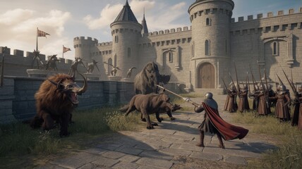 Heroic Knight Defends Stone Fortress Against Onslaught of Mythical Creatures