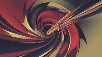 Golden Saxophone Emerges from a Vortex of Fiery Reds, Deep Blues, and Swirling Abstract Energy