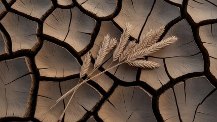 Golden Wheat Stalks Offering a Glimmer of Life on Parched, Cracked Earth