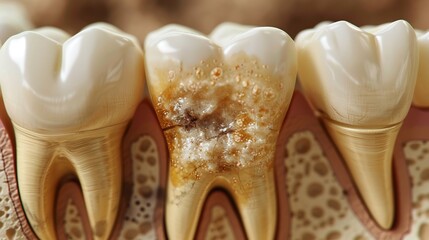 Cross section of a bicuspid tooth showing an abscessed pulp chamber before undergoing root canal therapy