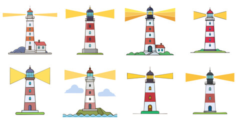 Multiple vector illustration lighthouses, outlines