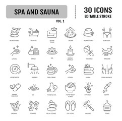 Spa and sauna icon set. Editable stroke. Vector illustration